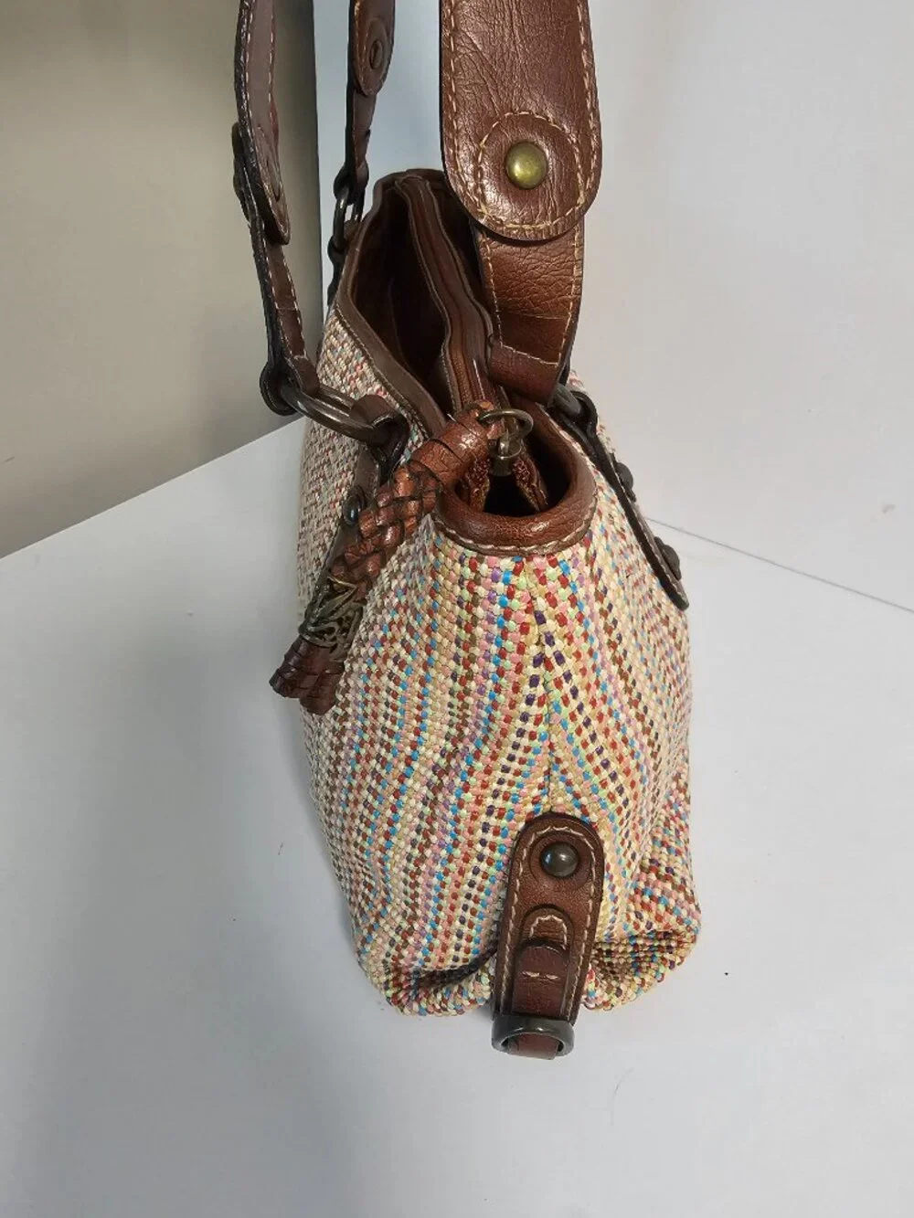 Vintage Fossil Bag Satchel Woven Leather Y2K 78033